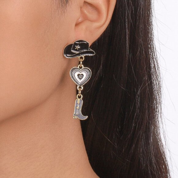 Hat Heart Cowboy Boots Oil Drop Earrings - Picture 3 of 5